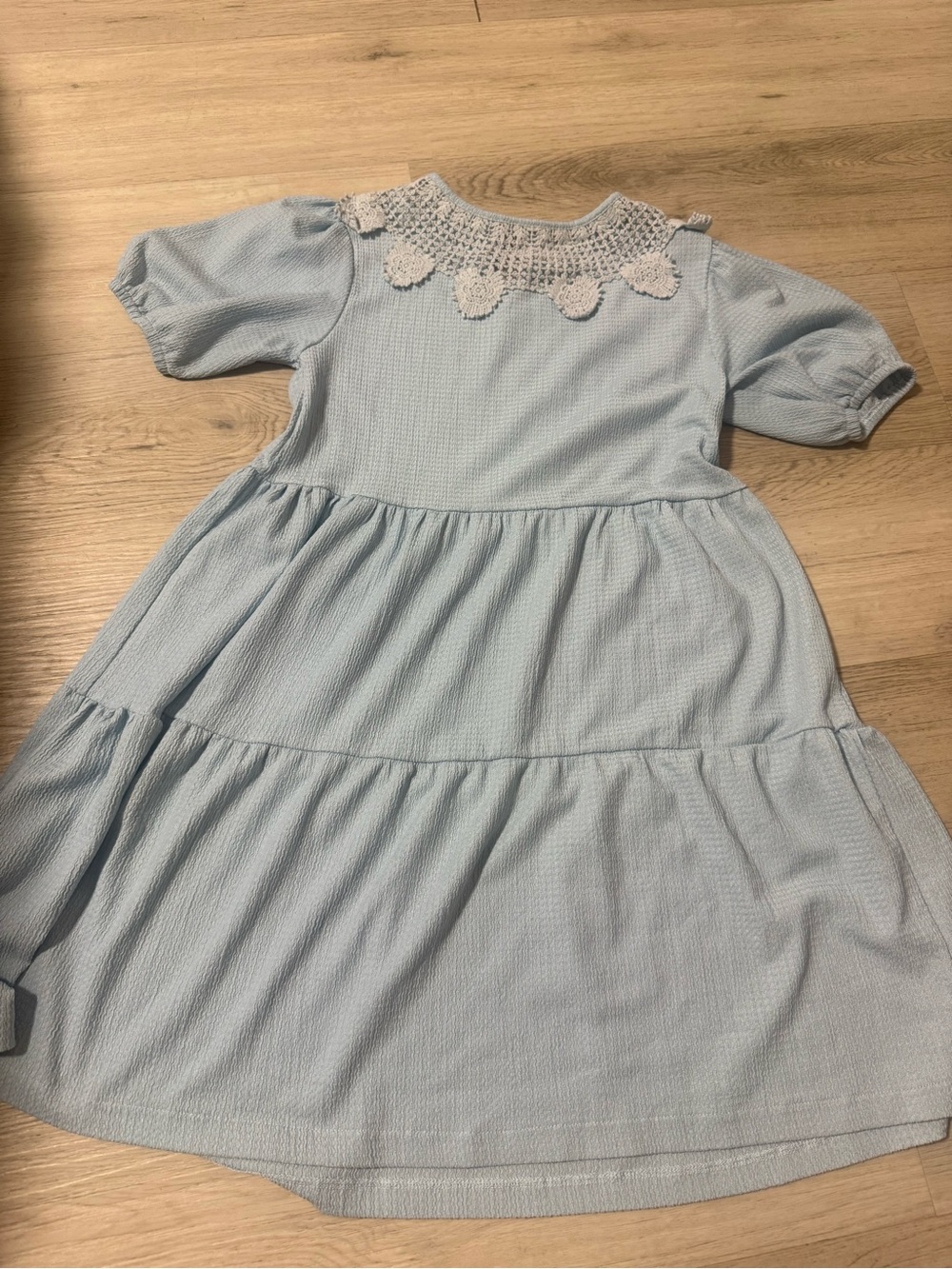 ZARA Girls Size 11-12 Blue Tiered Puff Sleeve Dress Crochet Collar Cotton Knit